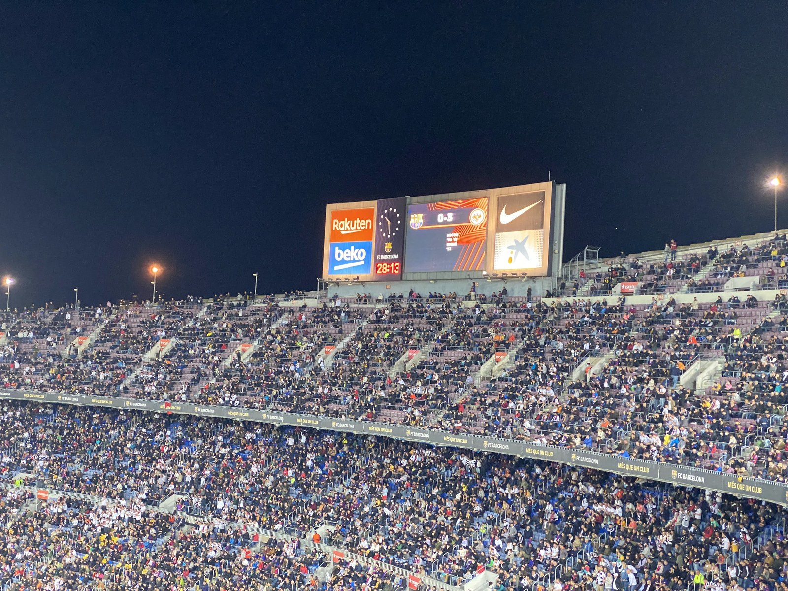 The stands and scoreboard during Eintracht's game in Barcelona