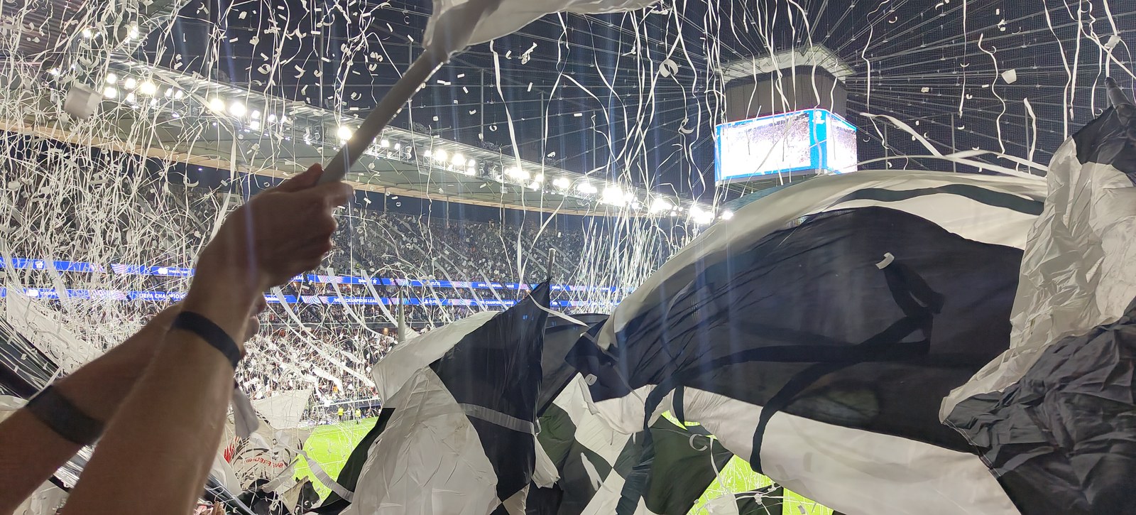 Black and white flags and streamers in the stands at the Waldstadion